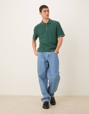 ABERCROMBIE & FITCH KNIT HALF ZIP POLO TOP WITH CONTRAST BINDING 