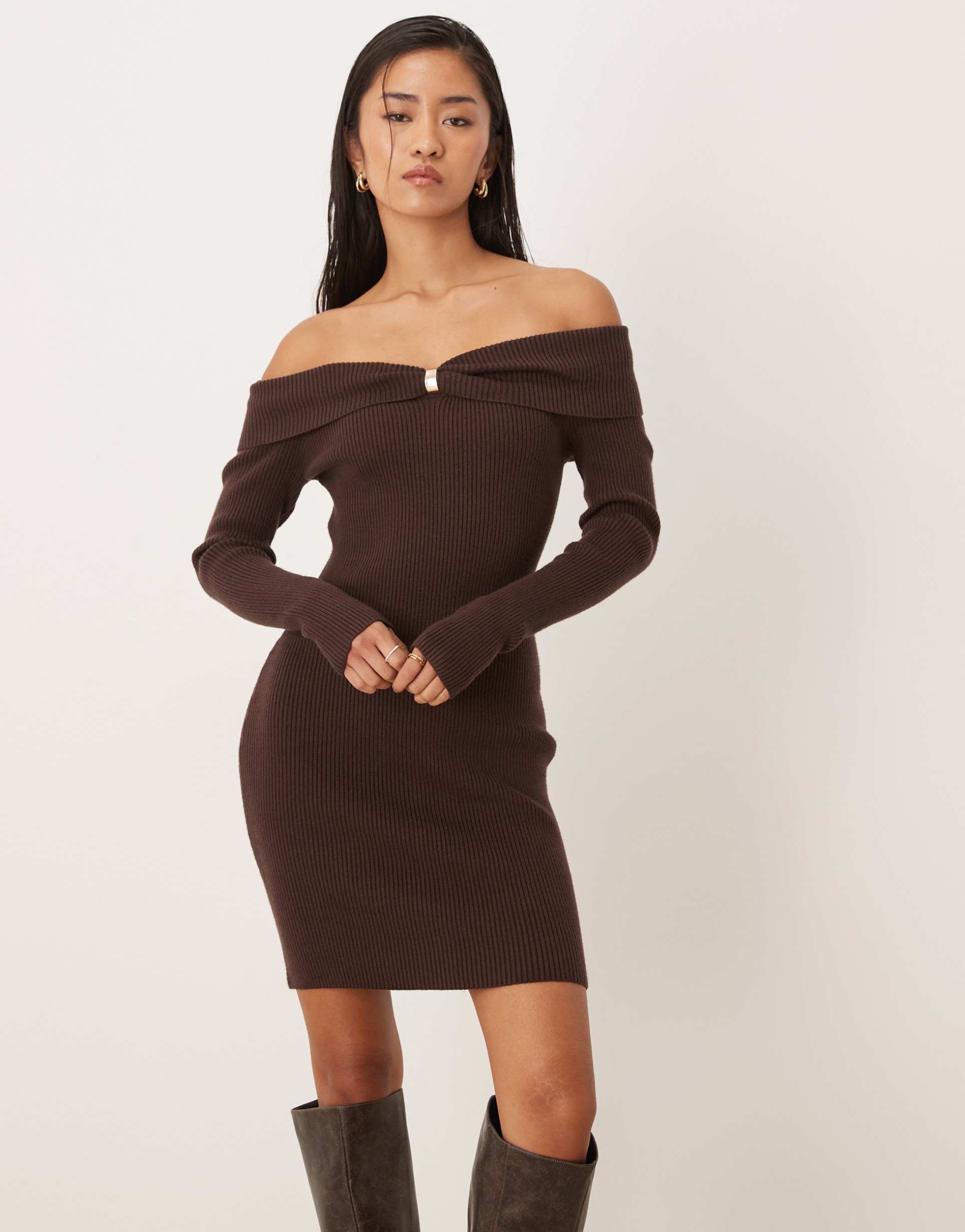 abercrombie & fitch knit off shoulder mini dress with hardware detail in brown