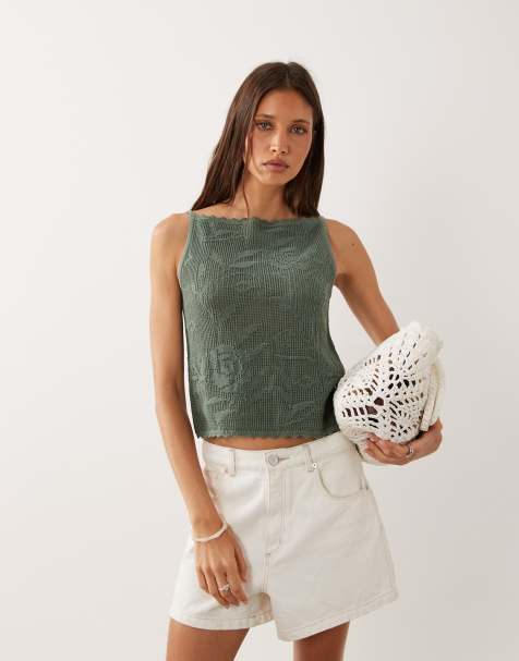 Abercrombie & Fitch knit square neck sleeveless top in green floral stitch - view 1