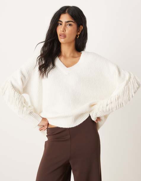 Abercrombie & Fitch knit v neck oversized sweater in cream - view 1