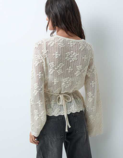 Abercrombie & Fitch knitted bobble stitch cardigan with cinched hem in ecru, 5 of 5