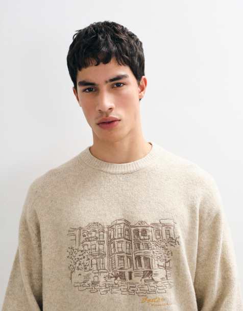 Abercrombie & Fitch knitted boston graphic mock neck jumper in cream - view 1