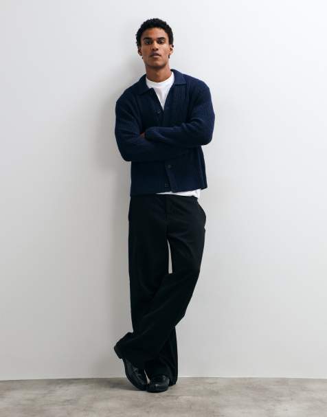 Abercrombie & Fitch knitted button front cardigan with collar in navy - view 1