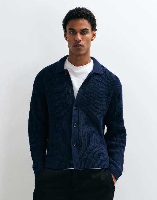 Abercrombie & Fitch knitted button front cardigan with collar in navy, 2 of 5