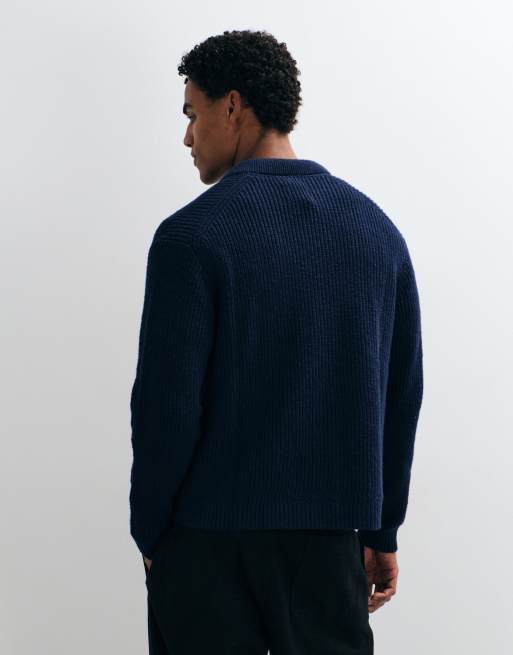 Abercrombie & Fitch knitted button front cardigan with collar in navy, 3 of 5
