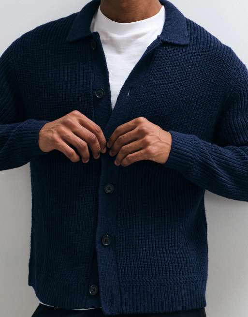 Abercrombie & Fitch knitted button front cardigan with collar in navy, 4 of 5