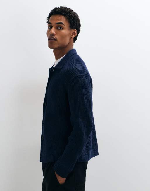 Abercrombie & Fitch knitted button front cardigan with collar in navy, 5 of 5