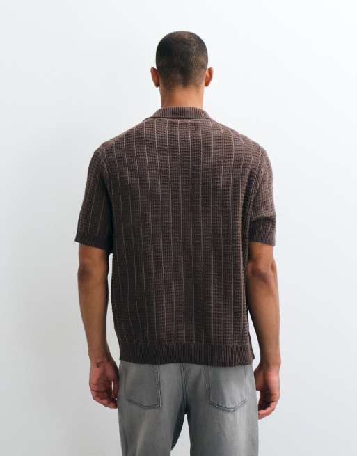 Abercrombie & Fitch knitted button up polo in brown, 5 of 5