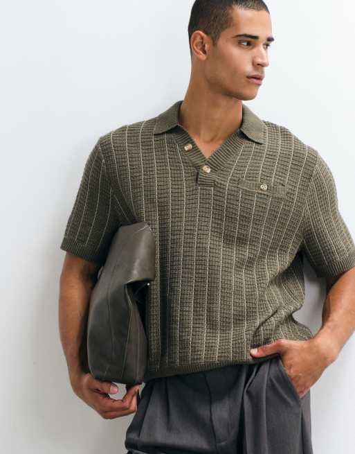 Abercrombie & Fitch knitted button up polo in khaki, 2 of 5