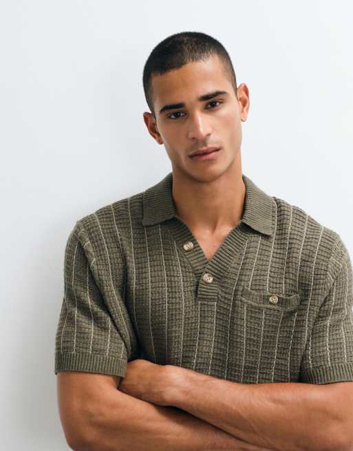 Abercrombie & Fitch knitted button up polo in khaki, 3 of 5