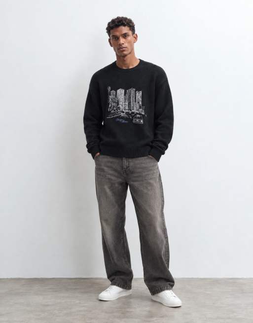 Abercrombie & Fitch knitted chicago graphic crew neck jumper in black, 10 of 10