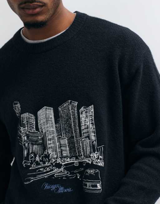 Abercrombie & Fitch knitted chicago graphic crew neck jumper in black, 4 of 10