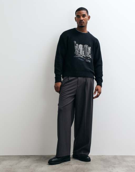 Abercrombie & Fitch knitted chicago graphic mock neck jumper in black, 3 of 5