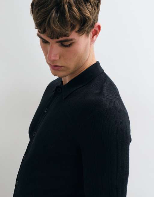 Abercrombie & Fitch knitted collared cardigan in black, 3 of 5