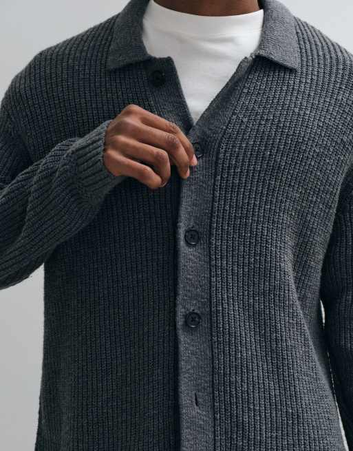 Abercrombie & Fitch knitted crew neck button up cardigan in dark grey, 2 of 5