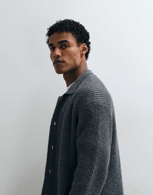 Abercrombie & Fitch knitted crew neck button up cardigan in dark grey, 5 of 5