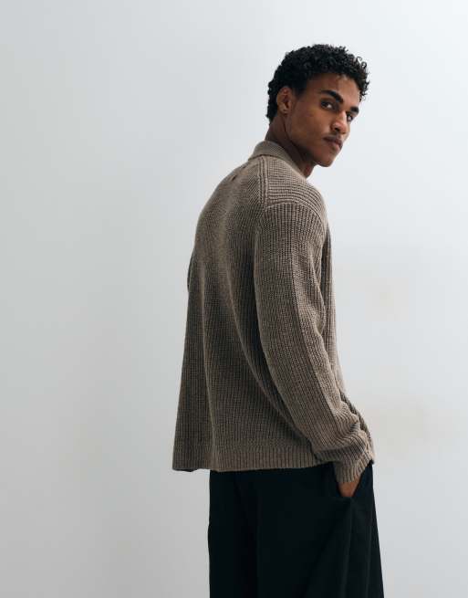 Abercrombie & Fitch knitted crew neck button up cardigan in mink, 3 of 5