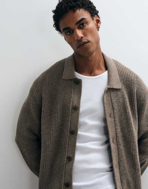 Abercrombie & Fitch knitted crew neck button up cardigan in mink, 4 of 5
