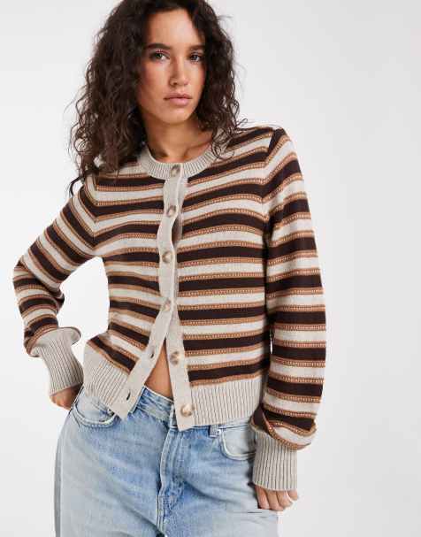 Abercrombie & Fitch knitted crew neck cardigan in brown and cream stripe - view 1