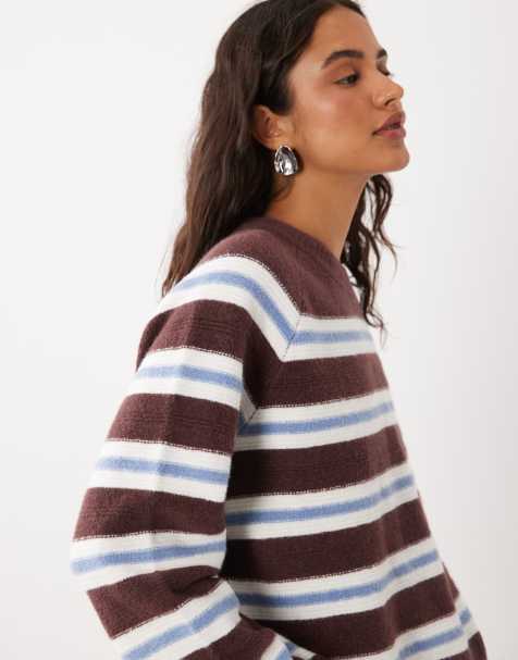 Abercrombie & Fitch knitted crew neck jumper in brown and blue stripe - view 1