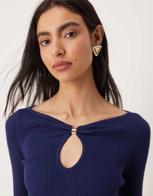 Abercrombie & Fitch knitted cut out front hardware top in royal blue, 2 of 4