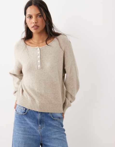 Abercrombie & Fitch knitted henley jumper cardigan in light brown - view 1