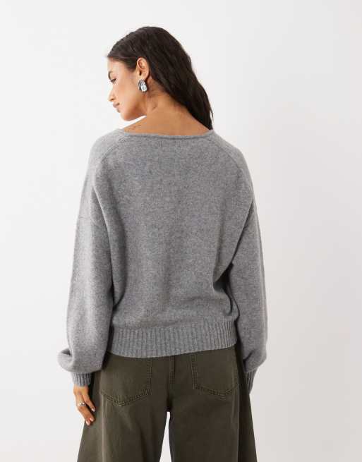 Abercrombie & Fitch knitted henley jumper cardigan in light grey, 4 of 4