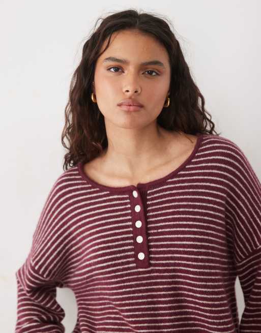 Abercrombie & Fitch knitted henley jumper in red stripe, 2 of 4