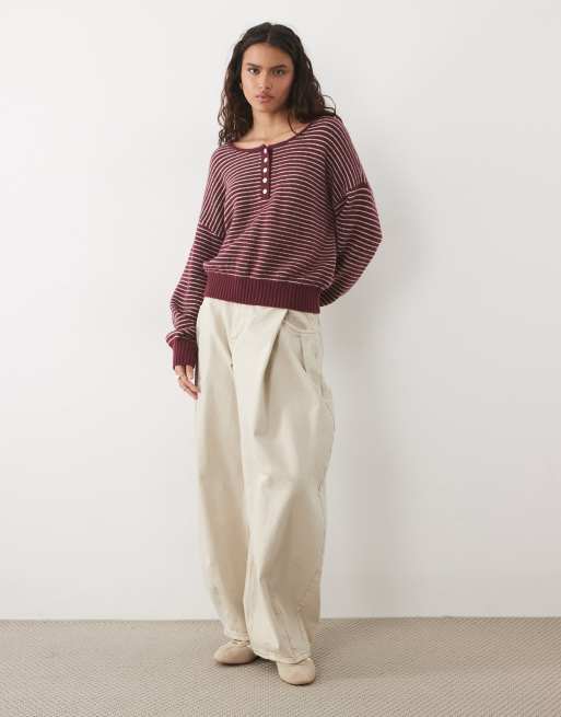 Abercrombie & Fitch knitted henley jumper in red stripe, 3 of 4