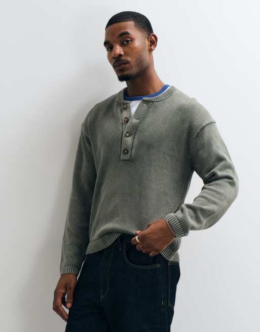 Abercrombie & Fitch knitted henley jumper washed green, 2 of 5