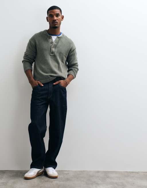 Abercrombie & Fitch knitted henley jumper washed green, 3 of 5