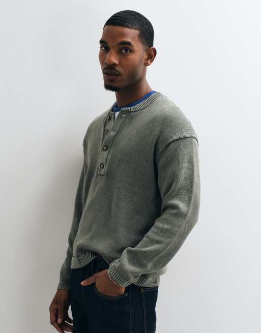 Abercrombie & Fitch knitted henley sweater washed green, 4 of 5