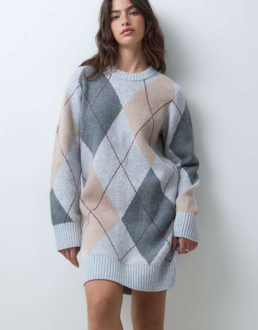 Abercrombie & Fitch knitted jumper dress in cream argyle, 2 of 5