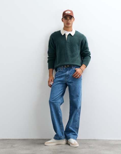 Abercrombie & Fitch knitted long sleeve button up polo jumper with contrast collar in dark green - view 1