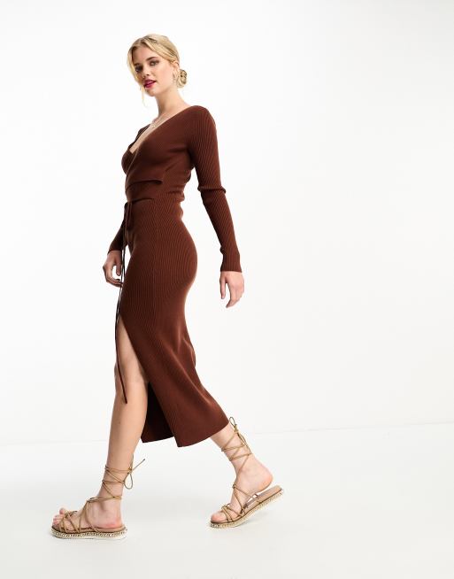 Abercrombie Fitch knitted long sleeve midi wrap dress in brown