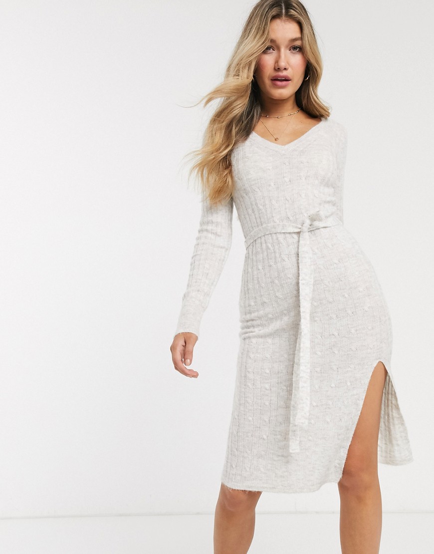 Abercrombie & Fitch knitted midi dress with tie belt-White