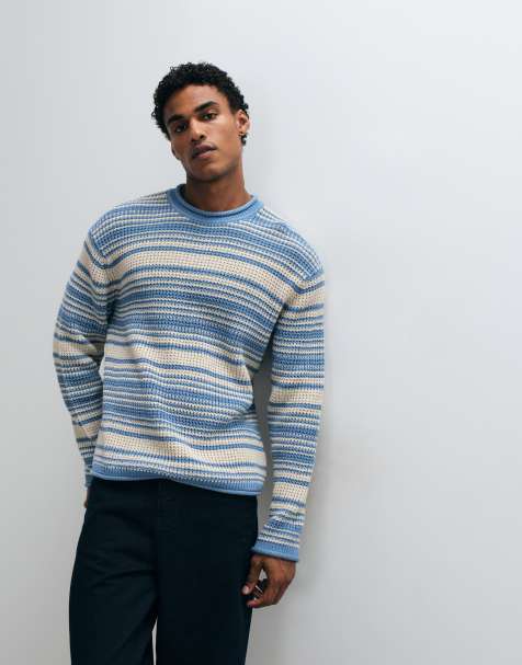 Abercrombie & Fitch knitted mock neck jumper in blue multi stripe - view 1