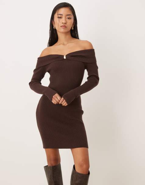 Abercrombie & Fitch knitted off shoulder mini dress with hardware detail in brown - view 1