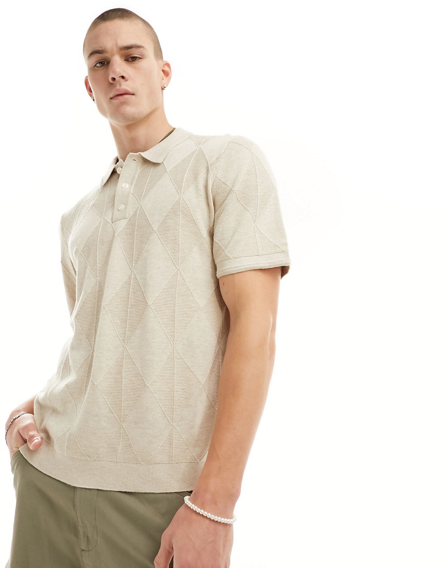 Abercrombie & Fitch knitted polo in oatmeal marl-Neutral
