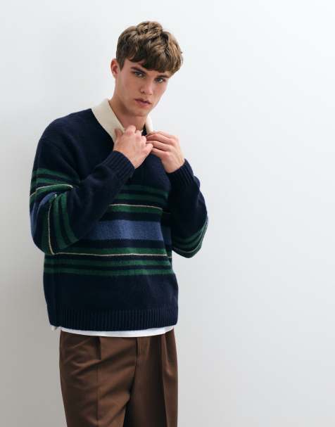 Abercrombie & Fitch knitted rugby polo jumper in blue and green stripe - view 1