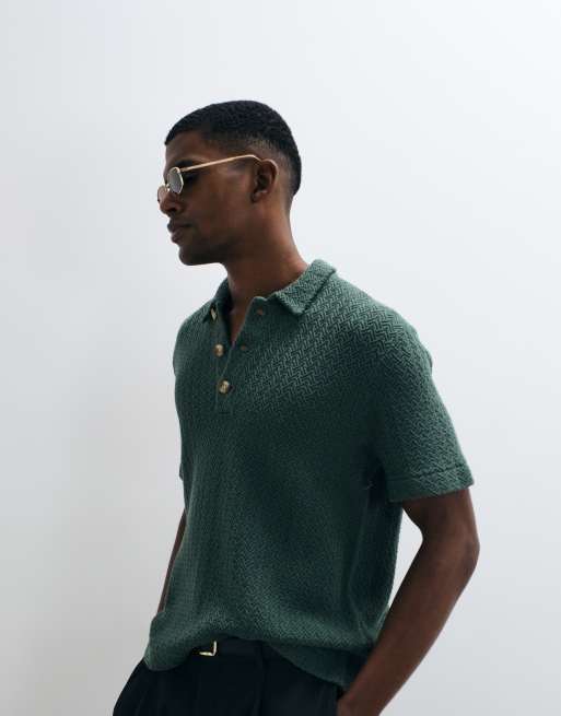 Abercrombie & Fitch knitted short sleeve polo top in green, 5 of 5