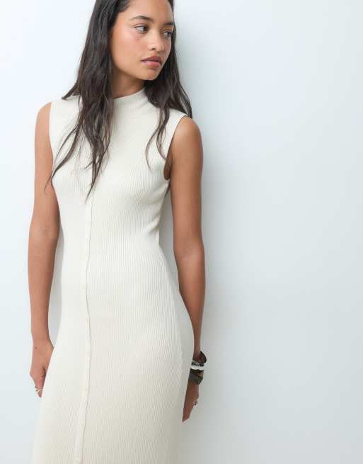 Abercrombie & Fitch knitted sleeveless button through maxi dress in beige, 4 of 5