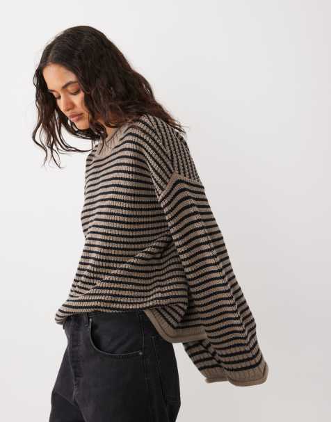 Abercrombie & Fitch knitted slouchy jumper in beige and brown stripe - view 1