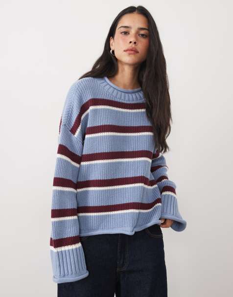 Abercrombie & Fitch knitted slouchy jumper in blue and brown stripe - view 1