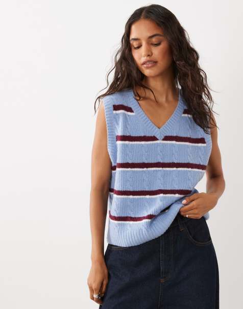Abercrombie & Fitch knitted v neck vest in brown and blue stripe - view 1