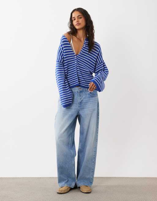 Abercrombie & Fitch knitted wool blend lightweight cardigan in blue stripe, 2 of 4