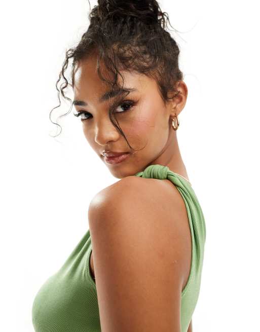 Abercrombie & Fitch knotted one shoulder top in green, 2 of 4