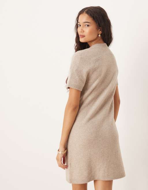 Abercrombie & Fitch - Kortærmet beige mini-sweaterkjole, 4 af 4