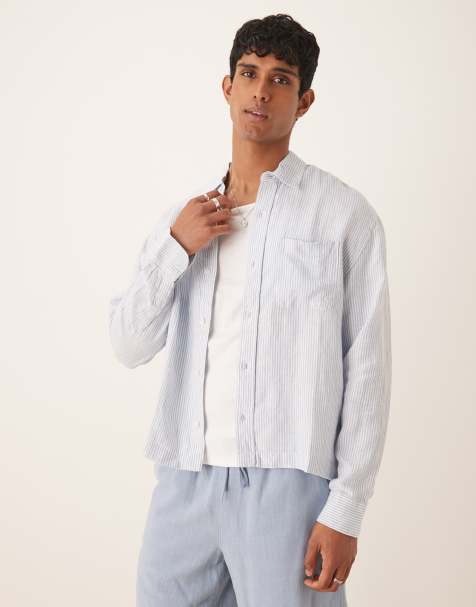 Abercrombie & Fitch long sleeve linen shirt in blue stripe