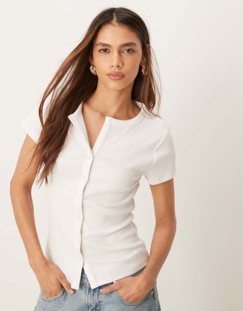 Abercrombie & Fitch – Kremowy prążkowany top zapinany na guziki - view 1